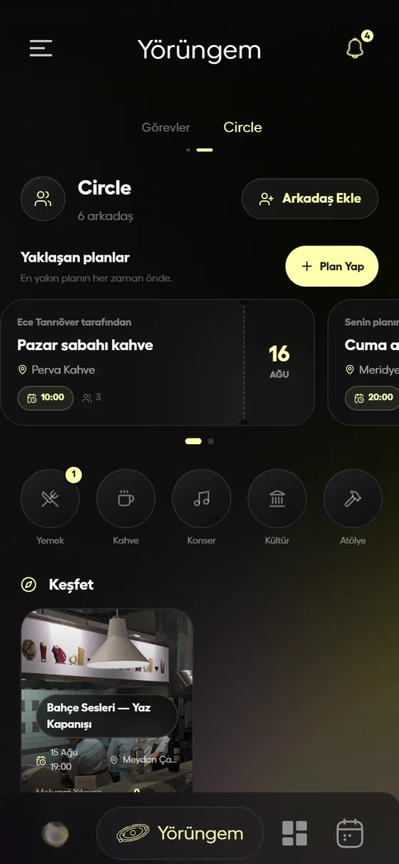 aila Circle ekranı: arkadaş listesi ve yaklaşan ortak planlar