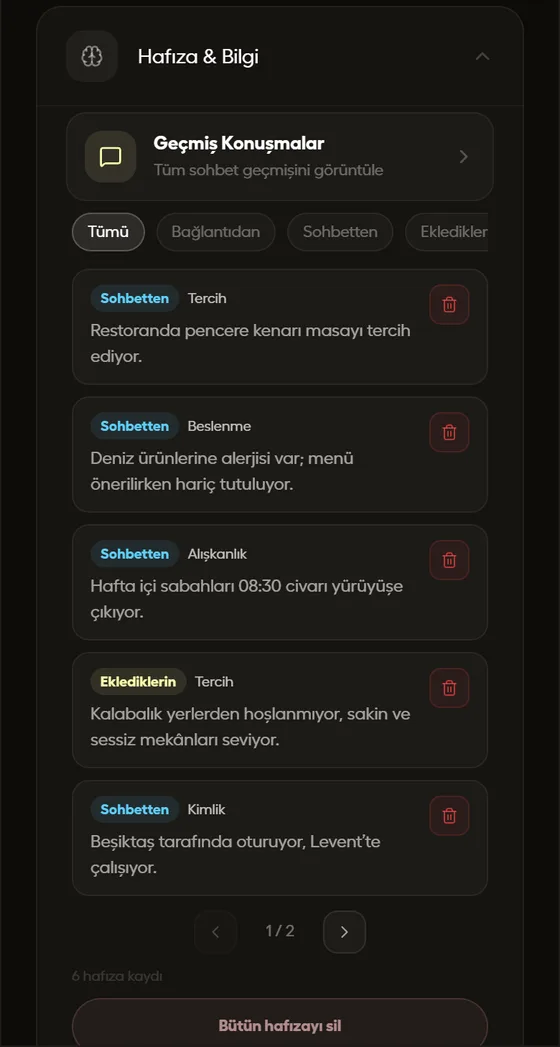 aila kişiselleştirme ekranı: öğrenilen tercihler