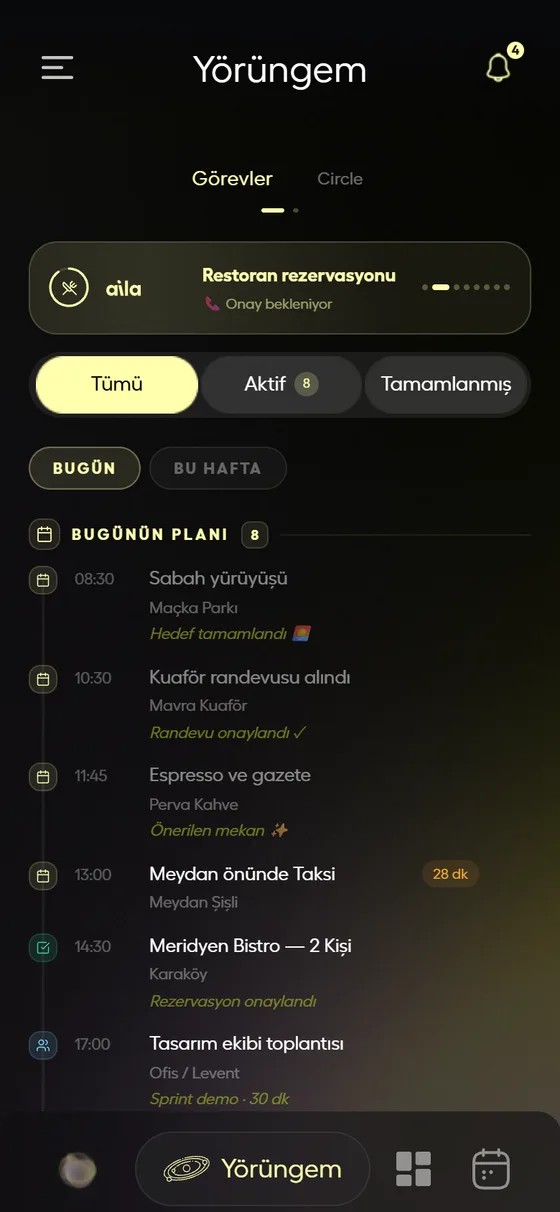 aila Yörüngem ekranı: günün planı ve görev listesi