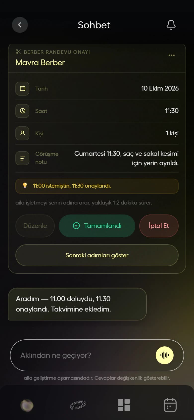 aila uygulamasında Mavra Berber randevu sonucu: 11.00 doluydu, 11.30 onaylandı