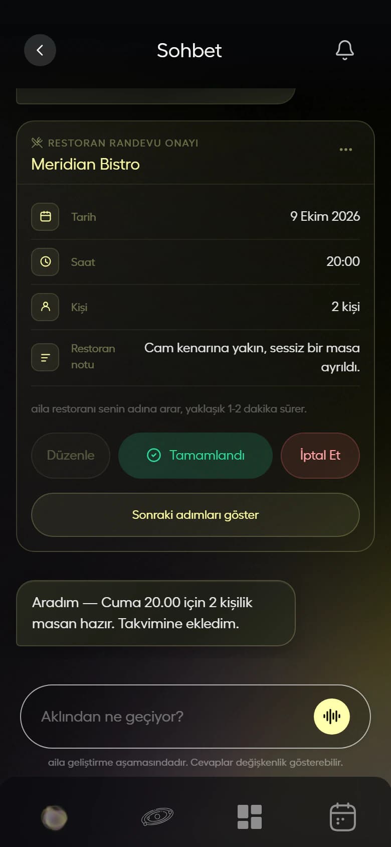 aila uygulamasında Meridian Bistro rezervasyon kartı ve sonucu