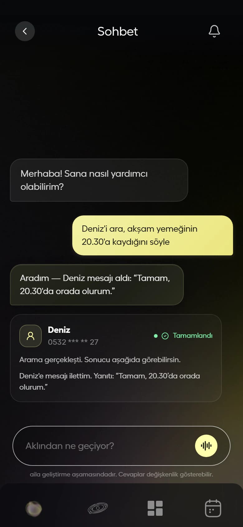 aila uygulamasında Deniz’e mesaj araması sonucu ve yanıtı