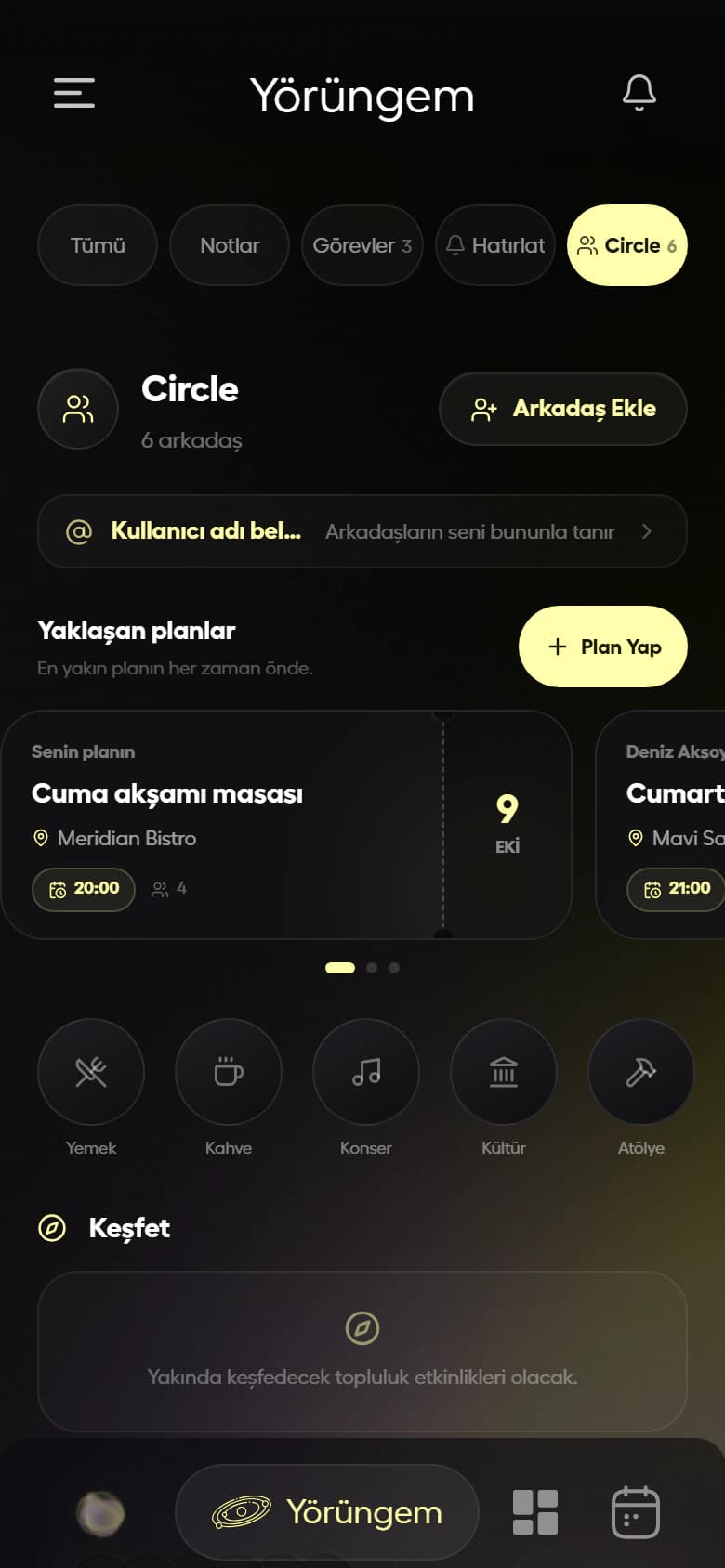 aila uygulamasında Circle ekranı: arkadaşlar ve yaklaşan planlar