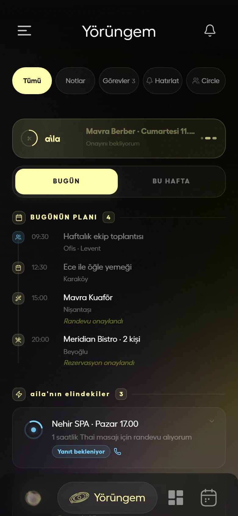 aila uygulamasında Yörüngem ekranı: bugünün planı ve aila’nın elindeki işler