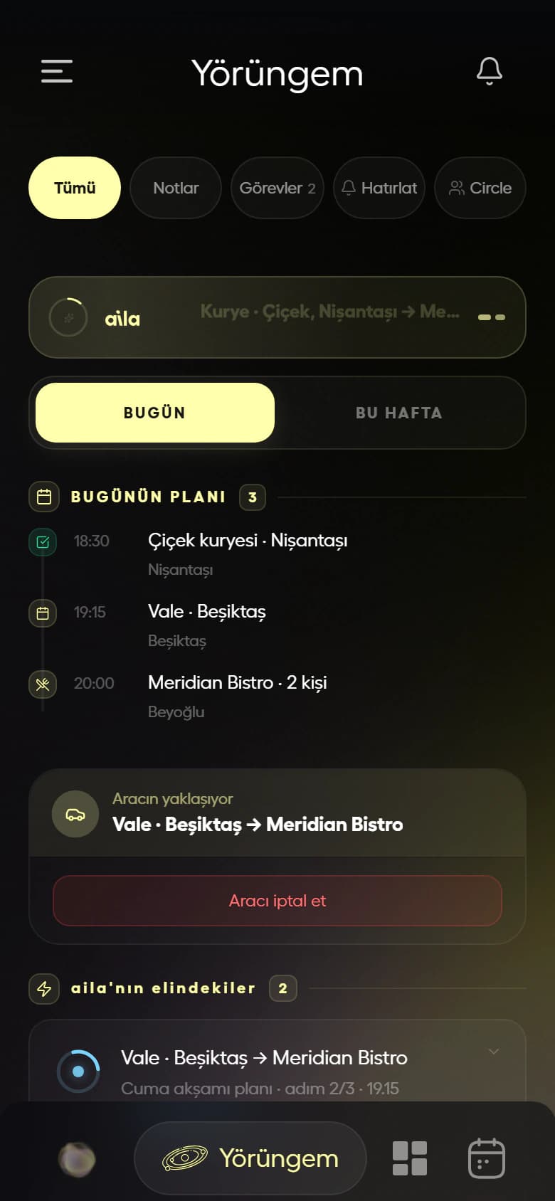 aila uygulamasında hizmet çağırma: sohbette tek onayla takvim, ulaşım ve kurye zinciri, ardından Yörüngem’de “Aracın yaklaşıyor” kartı ve “Aracı iptal et” butonu